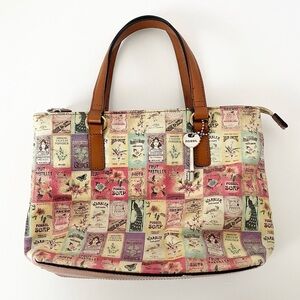 Vintage Fossil Small Leather Tote Soap Labels Print Double Strap Zip Pockets